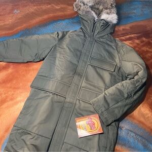 Vintage Comfy USA Down Parka Fur Trimmed Hood XS Green NOS Insulated winter coat